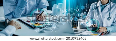 Double exposure of technology healthcare And Medicine concept. Doctors teamwork with modern virtual screen interface icons panoramic banner, blurred background.