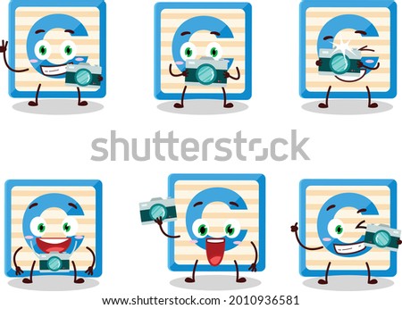 Photographer profession emoticon with toy block C cartoon character. Vector illustration