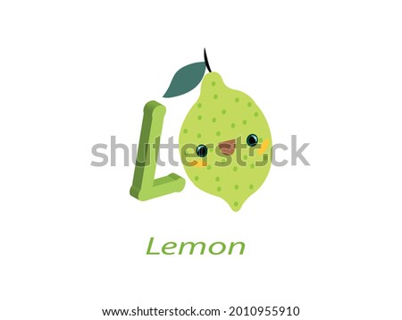 L for lemon Alphabet Vector illustration. Fruit and Vegetables Name Alphabet symbol. Kids Nursery isolated on white background, Clip Art, Cute, Cartoon ABC
