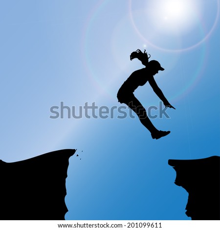 Vector silhouette of a woman who jumps over rocks.