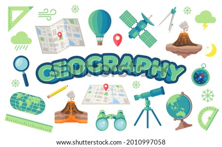 Flat Geography Element Set With Geography Rounded Cartoon Text Isolated On White background Royalty-Free Stock Photo #2010997058