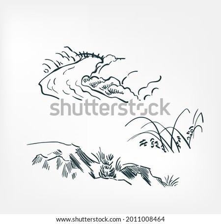 grass river rocks vector illustration japanese chinese ink line sketch