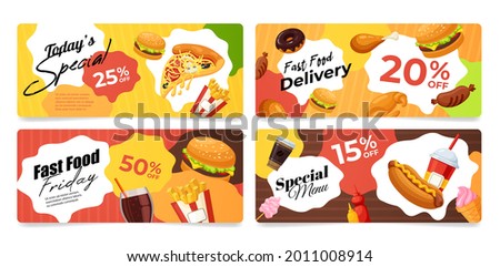 Collection of fast food banner vector flat illustration. Set advertising discount, special offer and delivery for unhealthy meal isolated. Traditional American meal promo flyer template with sale menu