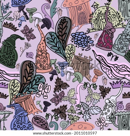 Colorful vector design seamless lined illustration pattern of forest with gnomes, houses, mushrooms, berries. The design is perfect for decorations, stationery, textiles, children clothing
