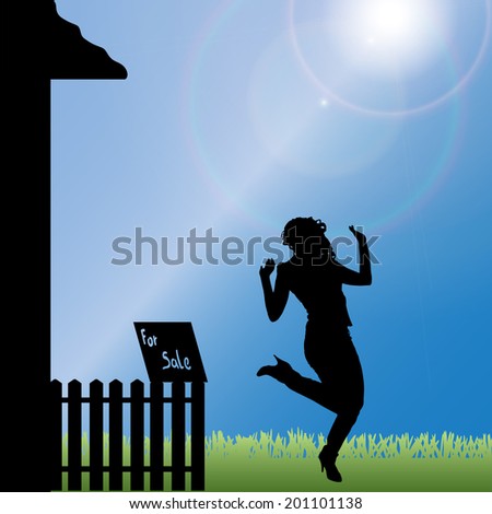 Vector silhouette of a woman standing in front of the house.