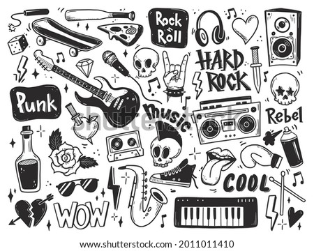 Rock n roll, punk music doodle set. Graffiti, tattoo hand drawn sticker, text, skull, heart, skate, gesture hand. Grunge rock vector illustration. Royalty-Free Stock Photo #2011011410