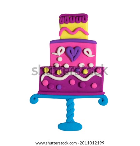 Plasticine birthday cake with cream and decoration. Handmade clay illustration art. Ideal for nursery apparel, design, prints.