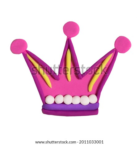 Cute plasticine crown with diamond decoration handmade in clay. Nursery art illustration. 3d effect.