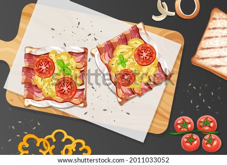 Top view of breakfast meal with scrambled egg and bacon  illustration