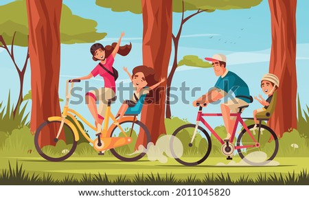 Cycling family background with sport and recreation symbols flat vector illustration 