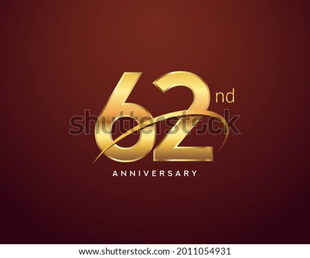 62nd anniversary logotype golden color with swoosh, isolated on elegant background for anniversary celebration event. Royalty-Free Stock Photo #2011054931
