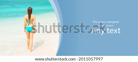 Attractive young woman in swimsuit relaxing on the beach. Girl having summer vacation. Holidays and traveling concept with copy-space.