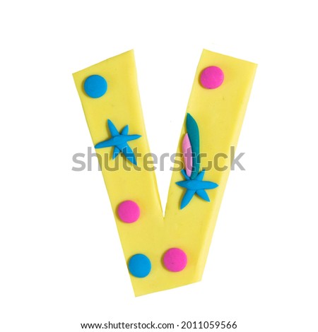 V letter handmade clay illustration alphabet. 3d effect abc cut out isolated on white.