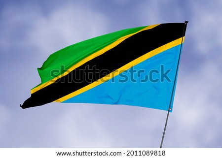Tanzania flag isolated on sky background. National symbol of Tanzania. Close up waving flag with clipping path.