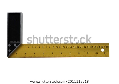 The try square is a carpentry tool for checking 90 degree angles for more precision. Black yellow try square on isolated white background. Royalty-Free Stock Photo #2011115819