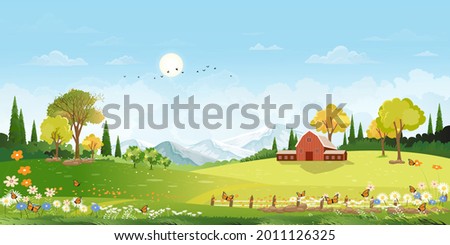 Spring landscape in village with green field, flower and butterfly meadow on hills with blue sky, Vector cartoon sunny day Summer time in countryside,grass field, wood barn and wild flowers 