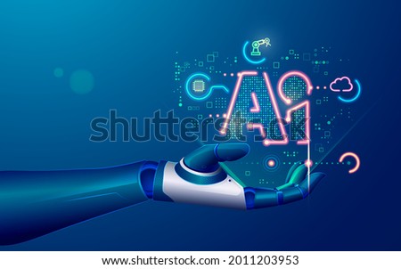 concept of machine learning or artificial intelligence technology, graphic of robot hand with symbol AI and futuristic element Royalty-Free Stock Photo #2011203953