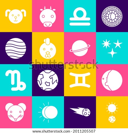 Set Solstice, Eclipse of the sun, Falling star, Libra zodiac, Rooster, Planet Jupiter, Dog and Saturn icon. Vector