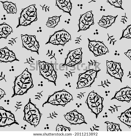 Hand drawn modern scandi leaf vector seamless pattern background. Neutral monochrome painterly backdrop with scattered foliage, sprigs and dots.Modern Scandinavian style.Botanical repeat for wellness