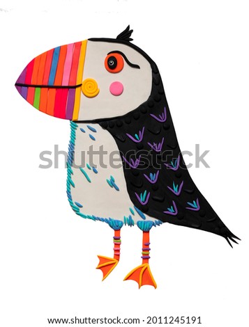 Cute adorable toucan plasticine tropical exotic bird. Clay handmade childish art for elementary age.