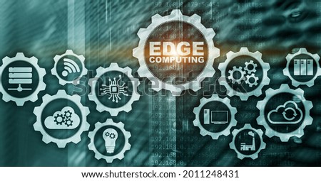 EDGE COMPUTING on modern server room background. Information technology and business concept for resource intensive distributed computing services.