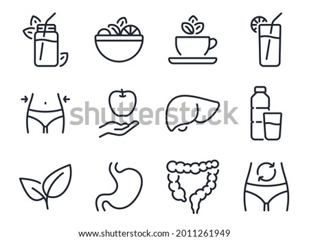Detox and cleanse related editable stroke outline icons set isolated on white background flat vector illustration. Pixel perfect. 64 x 64. Royalty-Free Stock Photo #2011261949