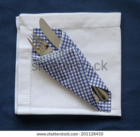 Knife and fork with blue check napkin