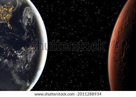 Mars and earth. Distance between them. Space for text. The elements of this image furnished by NASA.

