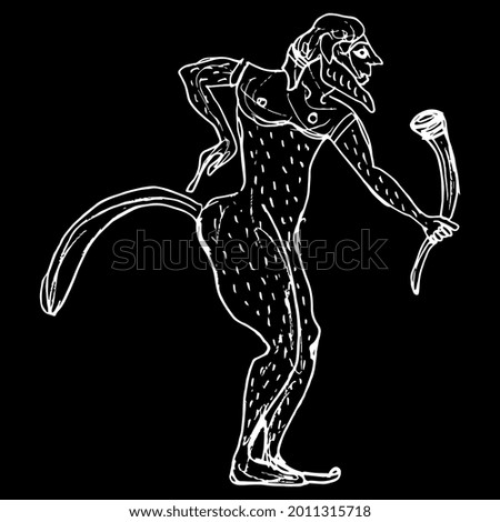 Ancient Greek satyr or Silenus holding rhyton of wine. Vase painting style. Fantastic mythological creature. Hand drawn linear doodle rough sketch. White silhouette on black background.