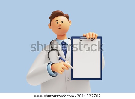 3d render. Doctor cartoon character shows clipboard with blank paper. Clip art isolated on blue background. Professional recommendation. Medical concept