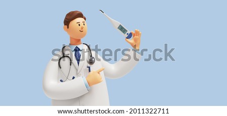 3d render, doctor cartoon character with stethoscope, holds thermometer. Medical clip art isolated on blue background