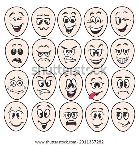 Cartoon faces. Expressive eyes and mouth, smiling, crying and surprised character face expressions. Comic emotions 