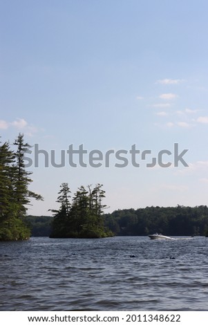 blue cloudy sky with dark green evergreen trees in bottom of picture with trees at bottom of landscape picture in summer in New England