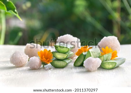 Leaves aloe vera, orange flowers calendula, Dead Sea salt on white wooden table on natural green blur background