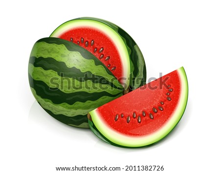 Watermelon. Green Juicy Fruit, Isolated on White Background, Watermelons realistic fruits. Vector. Eps10 vector illustration. Royalty-Free Stock Photo #2011382726
