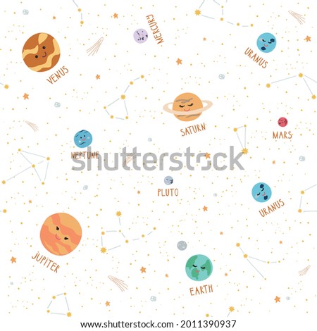 Space Seamless Pattern with Planets Solar System, Sun, Meteorite, Stars and Constellations.Doodle Cartoon Cute Planet Smiling Face. Kids poster for Kids t-shirt Print, Nursery Design, Wallpaper. Royalty-Free Stock Photo #2011390937