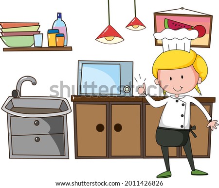 Little chef with kitchen equipments on white background illustration