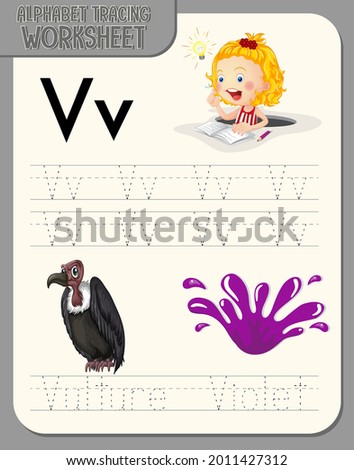 Alphabet tracing worksheet with letter V and v illustration