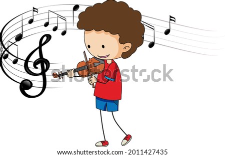 Cartoon doodle a boy playing violin with melody symbols on white background illustration