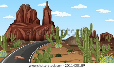 Desert forest landscape at daytime scene with long road illustration