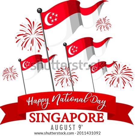 Singapore National Day banner with Singapore flag and fireworks illustration