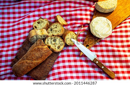 picnic tablecloth with delicious homemade cheeses, slices of bre