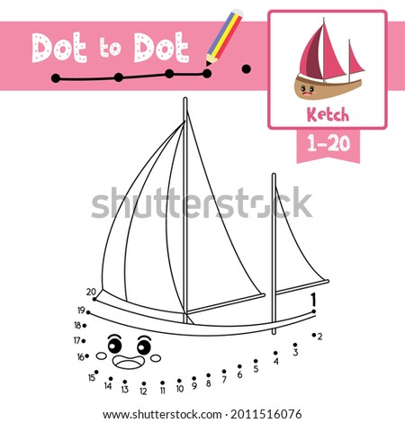 Dot to dot educational game and Coloring book of Ketch cartoon transportations for kids activity about counting number 1-20 and handwriting practice worksheet. Vector Illustration.