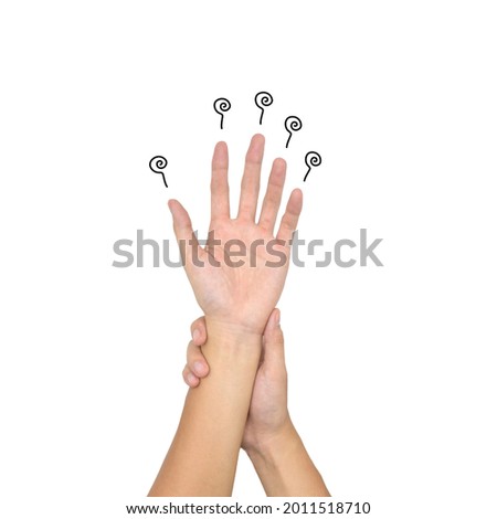 Tingling and numbness sensation in hands of Asian young man with diabetes. Sensory neuropathy problems. Hand nerves problems. Isolated on white.