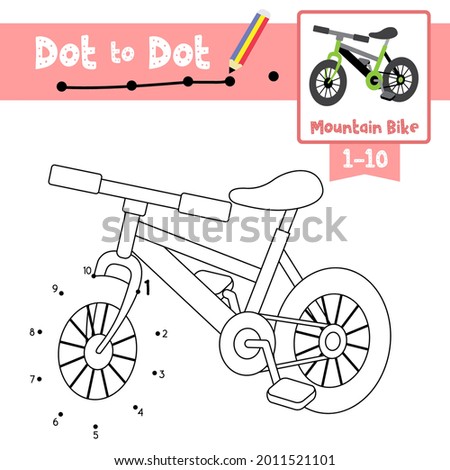 Dot to dot educational game and Coloring book of Mountain Bike cartoon transportations for kids activity about counting number 1-10 and handwriting practice worksheet. Vector Illustration.