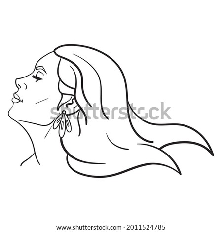 monochrome elegant woman from the side with earring and flying hair.