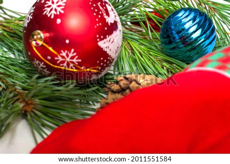 christmas tree decorations toys on a pine branch. High quality photo