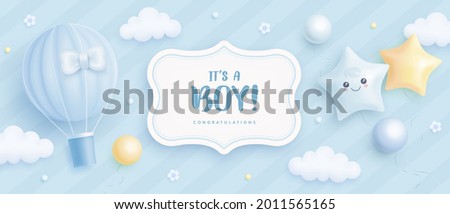 Baby shower horizontal banner with cartoon hot air balloon, helium balloons and flowers on blue background. It's a boy. Vector illustration Royalty-Free Stock Photo #2011565165