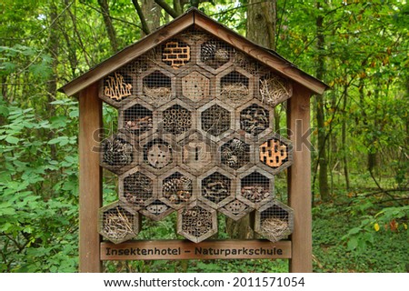 Insect hotel on Oberleiser Berg in Oberleis, Lower Austria, Austria, Europe - Sign:"Insect hotel - Nature Park School"
