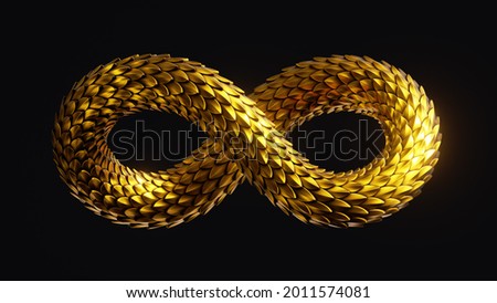 3d render, abstract twisted infinity symbol with shiny metallic dragon scales texture, golden snake, clip art isolated on black background